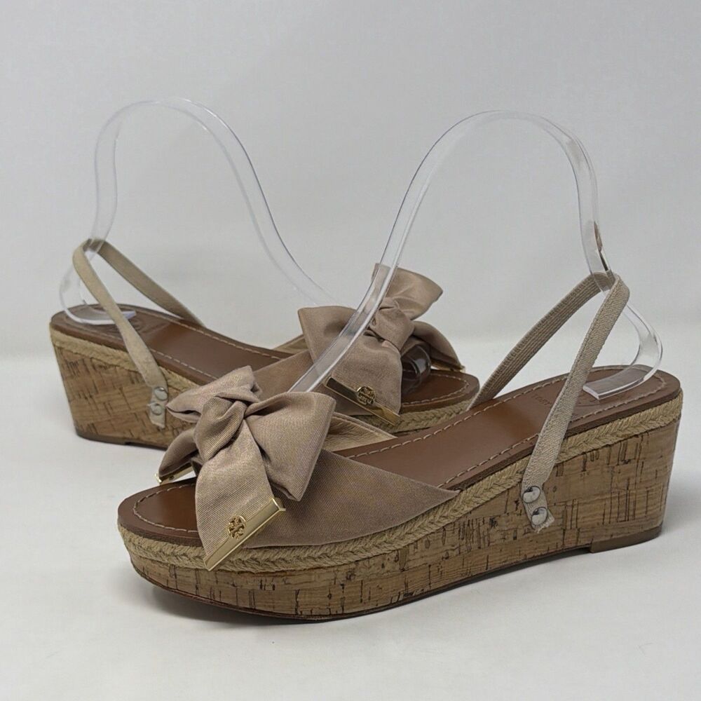 Tory Burch Cork Espadrille Wedge Sandals Bow Elastic Slingback 6.5M AUTH